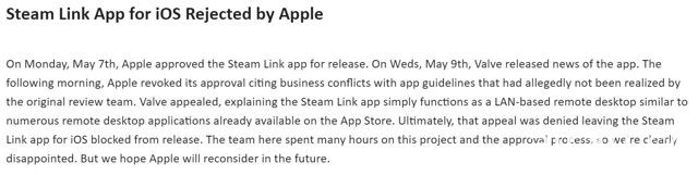 Apple 称因“商业上的冲突”拒绝让 Valve 旗下 Steam Link app 于 App Store 上架