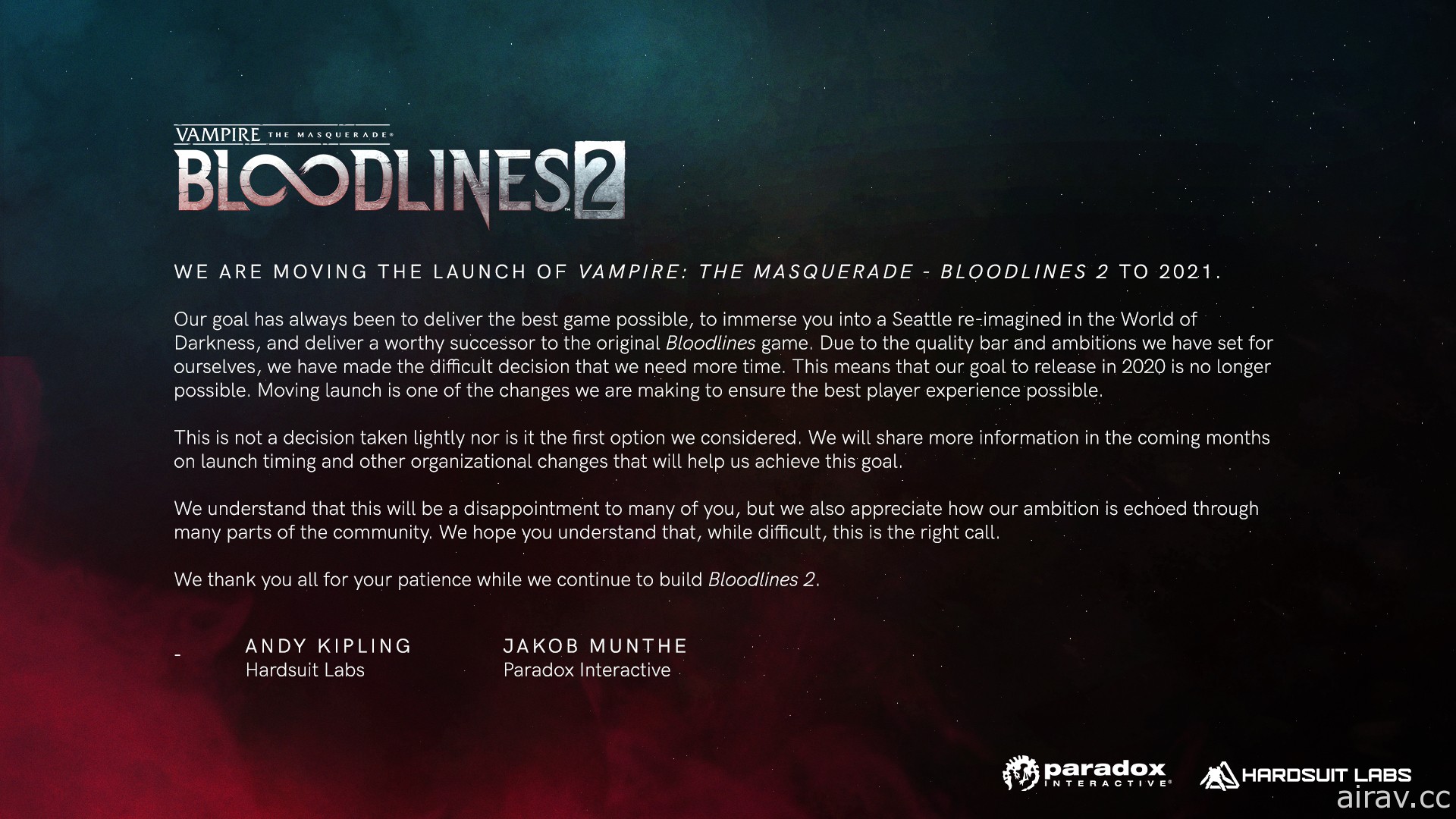 《吸血鬼：恶夜猎杀 血族 2》将再度延期 预计 2021 年发售