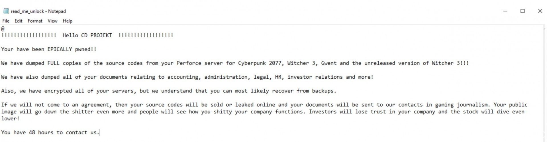 CD Projekt RED 內部網路遭駭客入侵 遊戲原始碼與機密資料外洩
